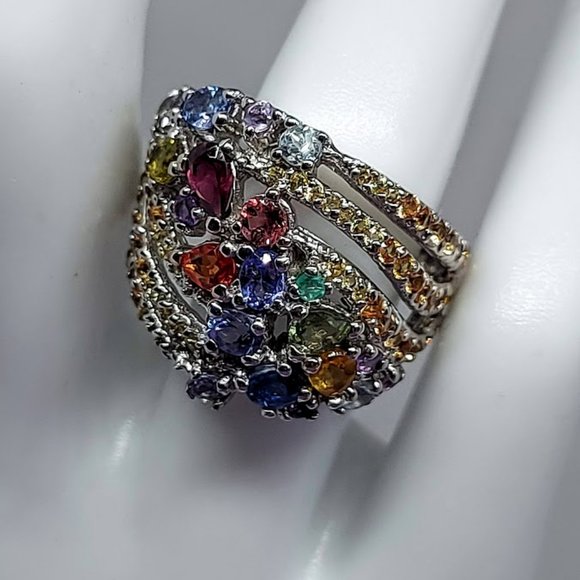 Natural Garnet, Emerald, Tanzanite 925 Sterling Silver Ring Sz 7.5 - Picture 4 of 9